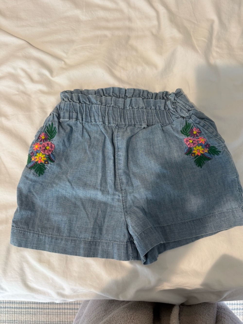 GAP Chambray Floral Embroidered Paperbag Shorts - Light Blue